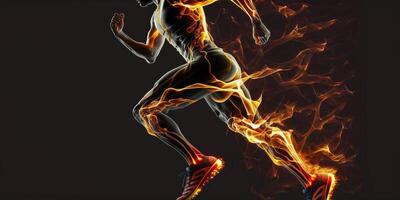 Sport. Runner. Side view of a jogger legs with the power on black, Fire and energy photo