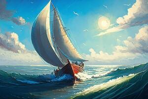 Sailing lboat at open sea in sunshine photo