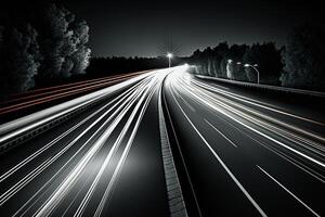 velocidad tráfico - ligero caminos en autopista autopista a noche ai generado foto
