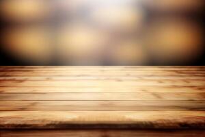 madera mesa parte superior en ligero difuminar antecedentes vacío marrón madera mesa ai generado foto