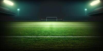 universal grass stadium illuminated by spotlights and empty green grass playground photo