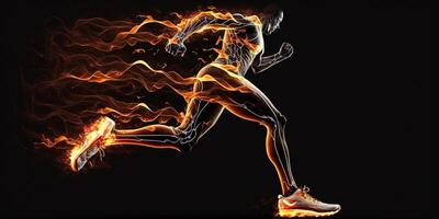 Sport. Runner. Side view of a jogger legs with the power on black, Fire and energy photo