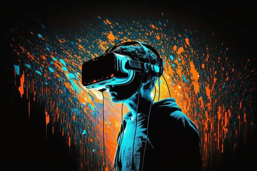 Man is using virtual reality headset. Image with glitch effect photo