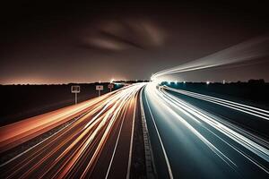 velocidad tráfico - ligero caminos en autopista autopista a noche ai generado foto