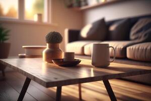 Wooden Table Top with Blur of Cozy Living Room AI Generated photo