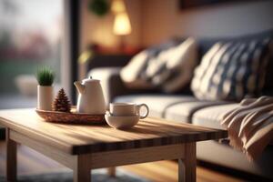 Wooden Table Top with Blur of Cozy Living Room photo