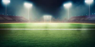 universal grass stadium illuminated by spotlights and empty green grass playground photo