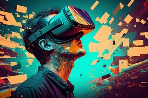 Man is using virtual reality headset. Image with glitch effect photo