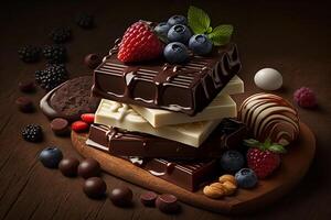 Stack of white, milk, dark chocolate, nuts, caramel, fruits, berries on wooden photo