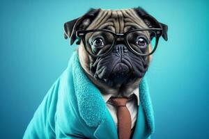 gracioso doguillo perro vistiendo lentes con traje en el azul antecedentes ai generado foto