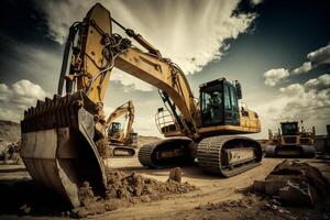 grupo de excavador trabajando en un construcción sitio ai generado foto