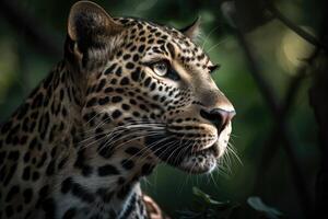 Close up young leopard portrait. Close up beautiful angry big leopard in forest. photo