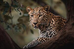 cerca arriba joven leopardo retrato. cerca arriba hermosa enojado grande leopardo en bosque. generativo ai foto