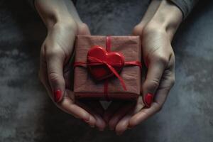 Woman hands holding a small gift box wrapped in red paper with white ribbon. Selective focus. photo