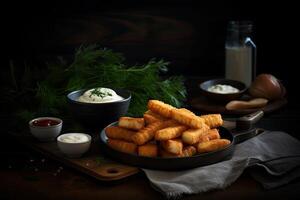 Breaded mozzarella cheese sticks with ketchup and bbq sauce. Delicious breaded mozzarella cheese sticks with marinara dipping sauce. . photo