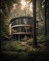 un moderno casa en bosque Perfecto para aislado vacaciones o sólo un pacífico relajarse en el conexión con naturaleza. moderno arquitectura. generativo ai. foto