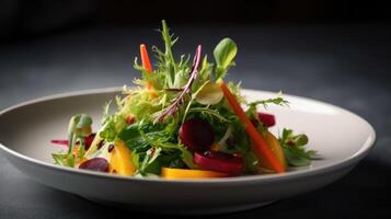 Fresh salad with chicken, tomatoes and mixed greens arugula, mesclun, mache on wooden background close up. Healthy food. . photo