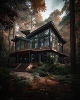 un moderno casa en bosque Perfecto para aislado vacaciones o sólo un pacífico relajarse en el conexión con naturaleza. moderno arquitectura. generativo ai. foto