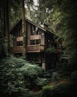 un moderno casa en bosque Perfecto para aislado vacaciones o sólo un pacífico relajarse en el conexión con naturaleza. moderno arquitectura. generativo ai. foto