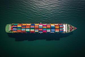 Container ships transporting large cargo to import and export goods internationally around the world, including Asia Pacific and Europe, sea Mediterranean Aerial view with drone camera. photo