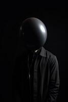 A man ware a black shirt covers his face with a black balloon. Hiding from problems. . photo