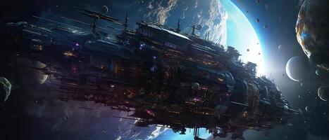 Futuristic sciFi huge battle spaceships. Futuristic sciFi huge battle spaceships concept for futuristic interstellar deep space travel for sci-fi backgrounds. . photo