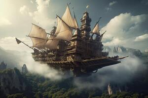 3d ilustración futurista de un pirata Embarcacion navegación en el cielo. generativo ai. foto