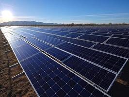 solar paneles granja o solar llamada granja en verde colinas campo y azul cielo antecedentes .energía y eco ambiente concepto .enfocar en primero solar panel. generativo ai. foto