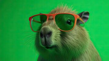 Single capybara with sunglasses on bright green background the head looking stylish and cool. . photo