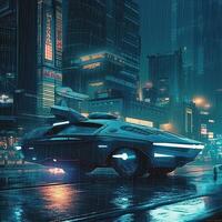 Futuristic transport vehicle with cyber punk city. . photo