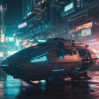 Futuristic transport vehicle with cyber punk city. . photo