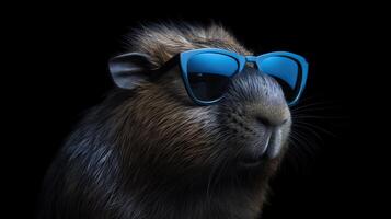 Single capybara with sunglasses on black background the head looking stylish and cool. . photo