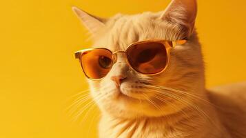 funny studio shot of cool cat wearing sunglasses on yellow background with copy space. . photo
