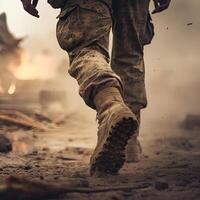 close up Illustration of a military man walking on an empty destroyed environment. Destruction, war scene. Smoke and fog. Sad combat feeling. photo