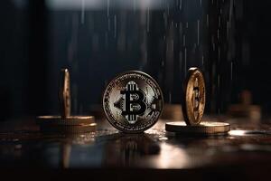 oro moneda bitcoin en un negro antecedentes. el concepto de cripto divisa. blockchain tecnología. mezclado medios de comunicación. generativo ai. foto