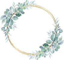 Watercolor eucalyptus leaves with gold circle for wedding, birthday, card, background, invitation, wallpaper, sticker, decoration etc. vector