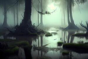 Mystical swamp in an ominous fog. Fantasy background. photo