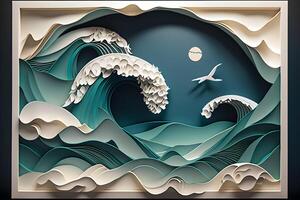 beautiful Ocean waves closeup view. different styles, paper cut, painting, drawing photo