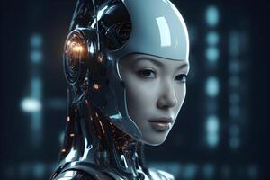 Closeup portrait of cybernetic artificial woman android robot photo