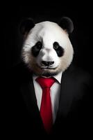 ai generado. de cerca retrato de linda panda en negro traje blanco camiseta y rojo Corbata foto