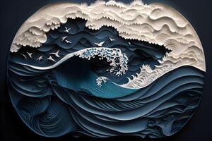 beautiful Ocean waves closeup view. different styles, paper cut, painting, drawing photo