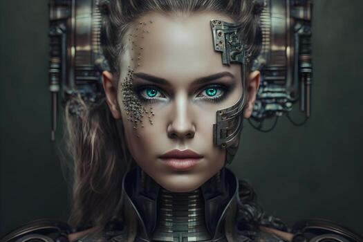 Closeup portrait of cybernetic artificial woman android robot photo