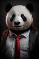 ai generado. de cerca retrato de linda panda en negro traje blanco camiseta y rojo Corbata foto