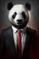 ai generado. de cerca retrato de linda panda en negro traje blanco camiseta y rojo Corbata foto