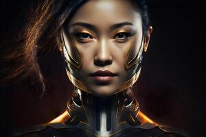 Closeup portrait of cybernetic artificial woman android robot photo