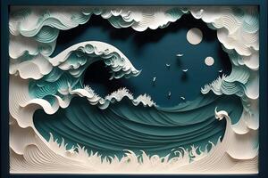 beautiful Ocean waves closeup view. different styles, paper cut, painting, drawing photo