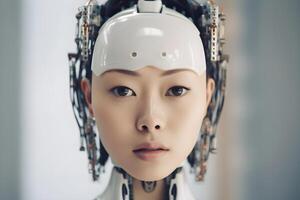 Closeup portrait of cybernetic artificial woman android robot photo