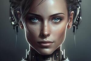 Closeup portrait of cybernetic artificial woman android robot photo