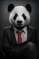 ai generado. de cerca retrato de linda panda en negro traje blanco camiseta y rojo Corbata foto