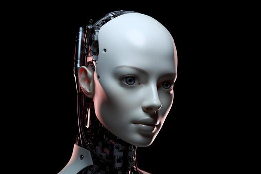 Closeup portrait of cybernetic artificial woman android robot photo